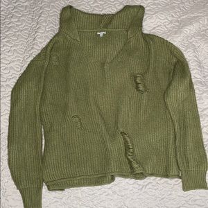 Green distressed hooded cropped sweater